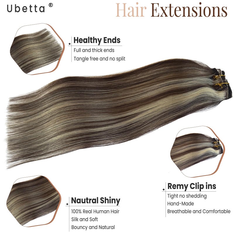 Ubetta Clip in Hair Extensions Real Human Hair, Chocolate Brown and Blonde Highlights Real Hair Extensions Clip in Human Hair 22 Inch 7 Pieces Double Weft Remy Human Hair Clip ins Extensions 70G for Women - Image 4